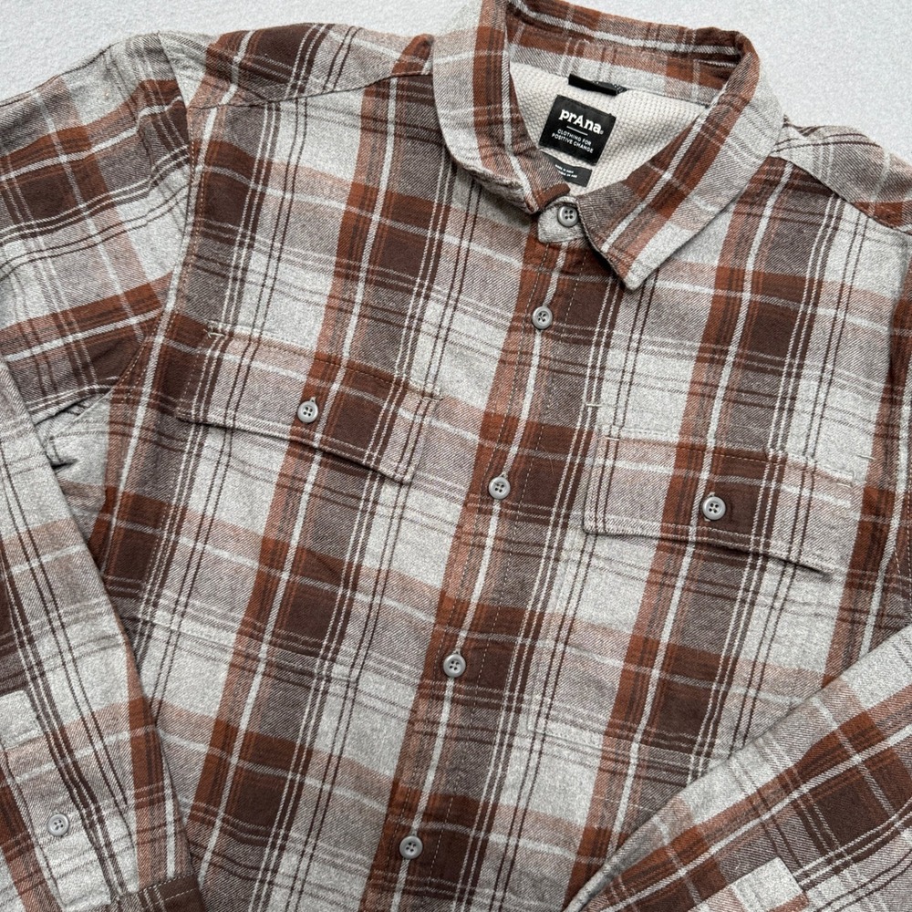 Prana Flannel Shirt Men's Large Brown Plaid Waffle Lined Long Sleeve Button Down - Picture 1 of 7